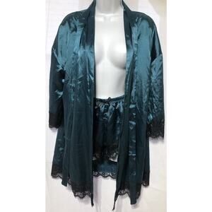 Satin Silky Teal & black Lace Robe & Shorts Set Large Lingerie Nightwear Kimono